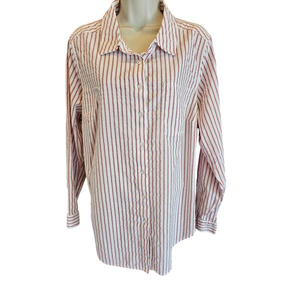 Torrid seersucker red Neutral striped tunic button up long sleeve top 1X career - Picture 1 of 7